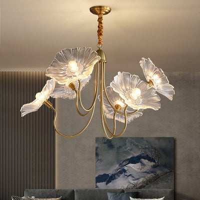 Lustre contemporain nordique en fer et verre en forme de lotus à 6 lumières avec chaîne réglable pour chambre et salon 