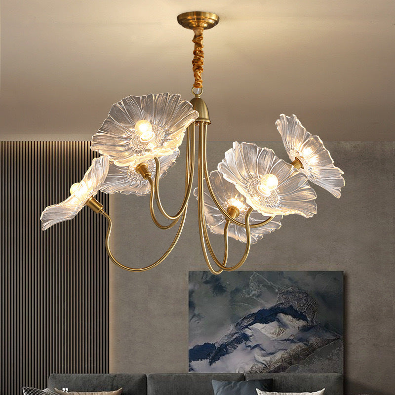 Lustre contemporain nordique en fer et verre en forme de lotus à 6 lumières avec chaîne réglable pour chambre et salon 