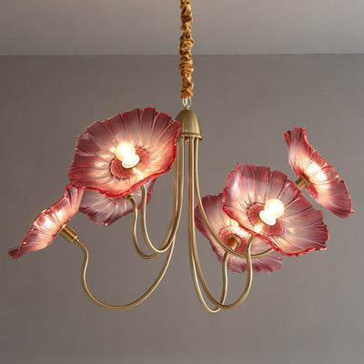 Lustre contemporain nordique en fer et verre en forme de lotus à 6 lumières avec chaîne réglable pour chambre et salon 