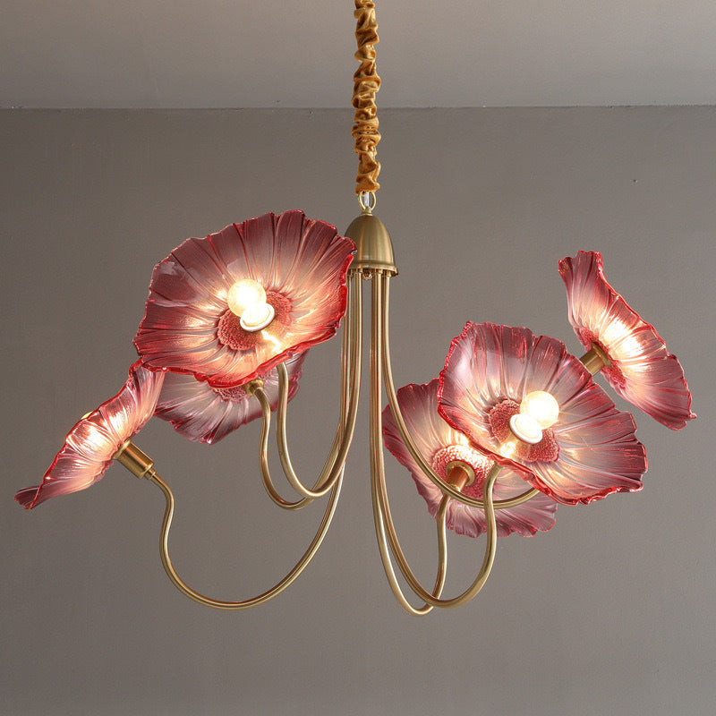 Lustre contemporain nordique en fer et verre en forme de lotus à 6 lumières avec chaîne réglable pour chambre et salon 