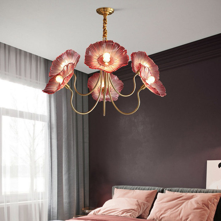 Contemporary Nordic Iron & Glass Lotus-Shaped 6-Light Chandelier With Adjustable Chain For Bedroom & Living Room