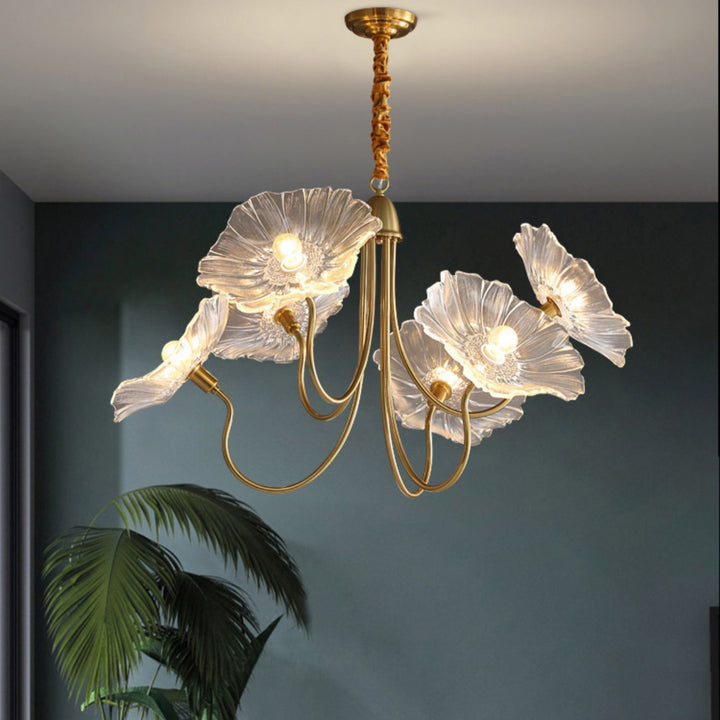 Contemporary Nordic Iron & Glass Lotus-Shaped 6-Light Chandelier With Adjustable Chain For Bedroom & Living Room