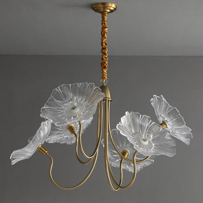 Lustre contemporain nordique en fer et verre en forme de lotus à 6 lumières avec chaîne réglable pour chambre et salon 