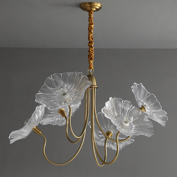 Lustre contemporain nordique en fer et verre en forme de lotus à 6 lumières avec chaîne réglable pour chambre et salon 