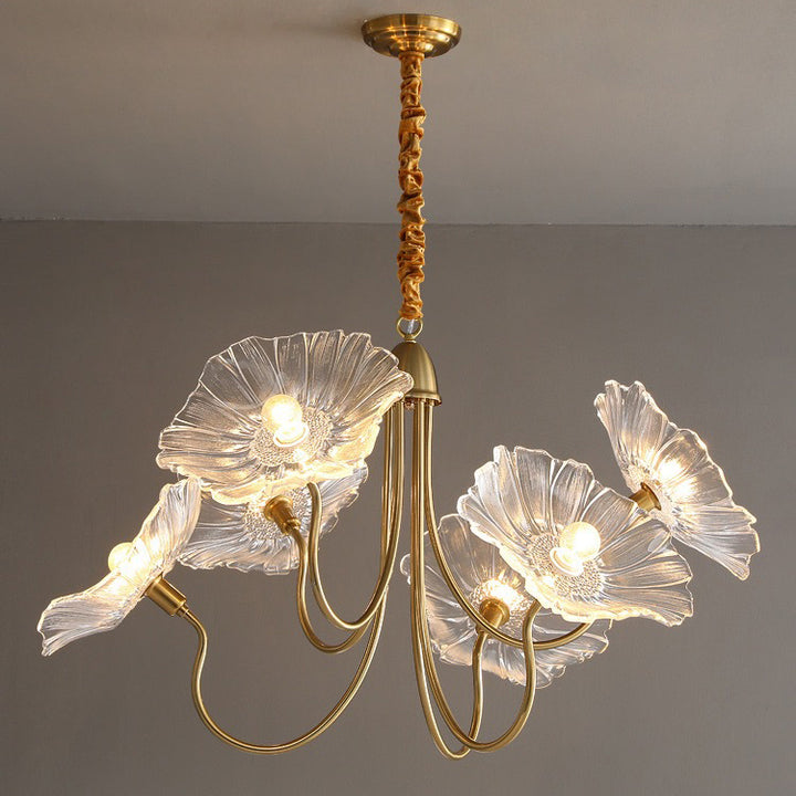 Contemporary Nordic Iron & Glass Lotus-Shaped 6-Light Chandelier With Adjustable Chain For Bedroom & Living Room