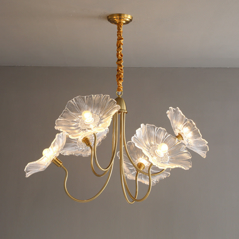Lustre contemporain nordique en fer et verre en forme de lotus à 6 lumières avec chaîne réglable pour chambre et salon 