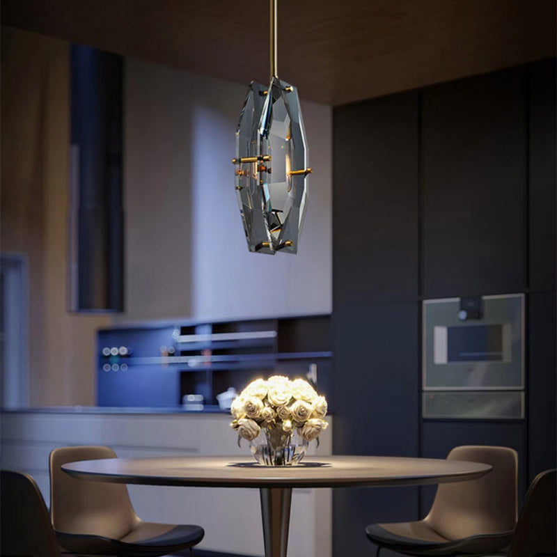 Moderne Luxuskristall- und Messing-geometrische 1-Licht-Pendelleuchte für Schlafzimmer, Wohnzimmer & Esszimmer 