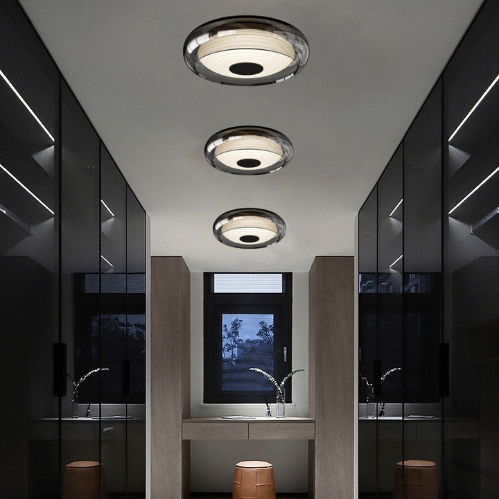 Contemporary Nordic Rotomolded Material, Glass &amp; Iron Round LED Flush Mount Ceiling Light For Bedroom &amp; Living Room