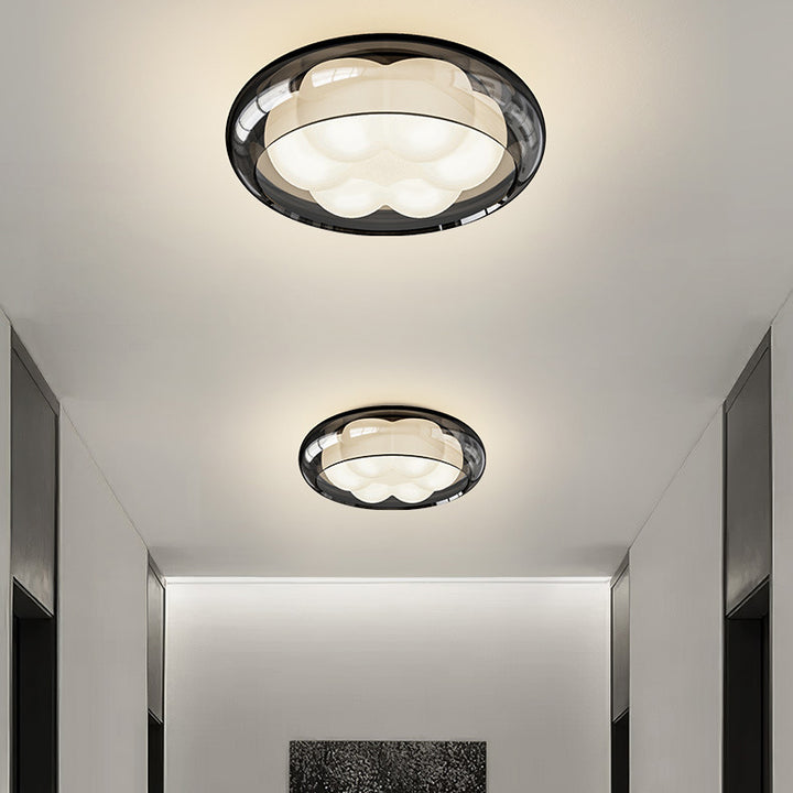 Contemporary Nordic Rotomolded Material, Glass &amp; Iron Round LED Flush Mount Ceiling Light For Bedroom &amp; Living Room