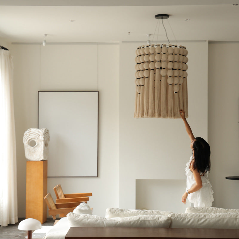 Contemporary Boho Alloy &amp; Cotton Round Tassel 3-Light Chandelier For Bedroom, Living Room &amp; Dining Room