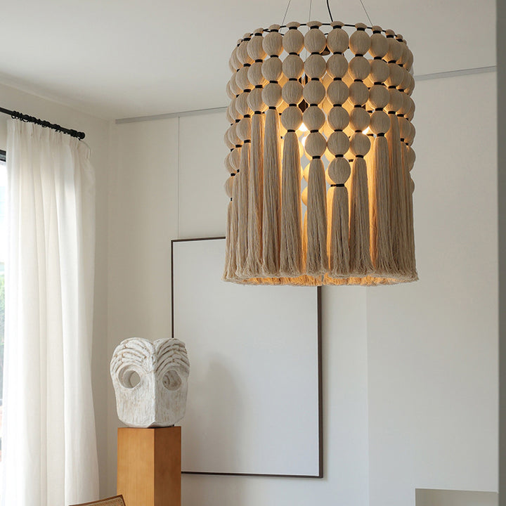 Contemporary Boho Alloy &amp; Cotton Round Tassel 3-Light Chandelier For Bedroom, Living Room &amp; Dining Room