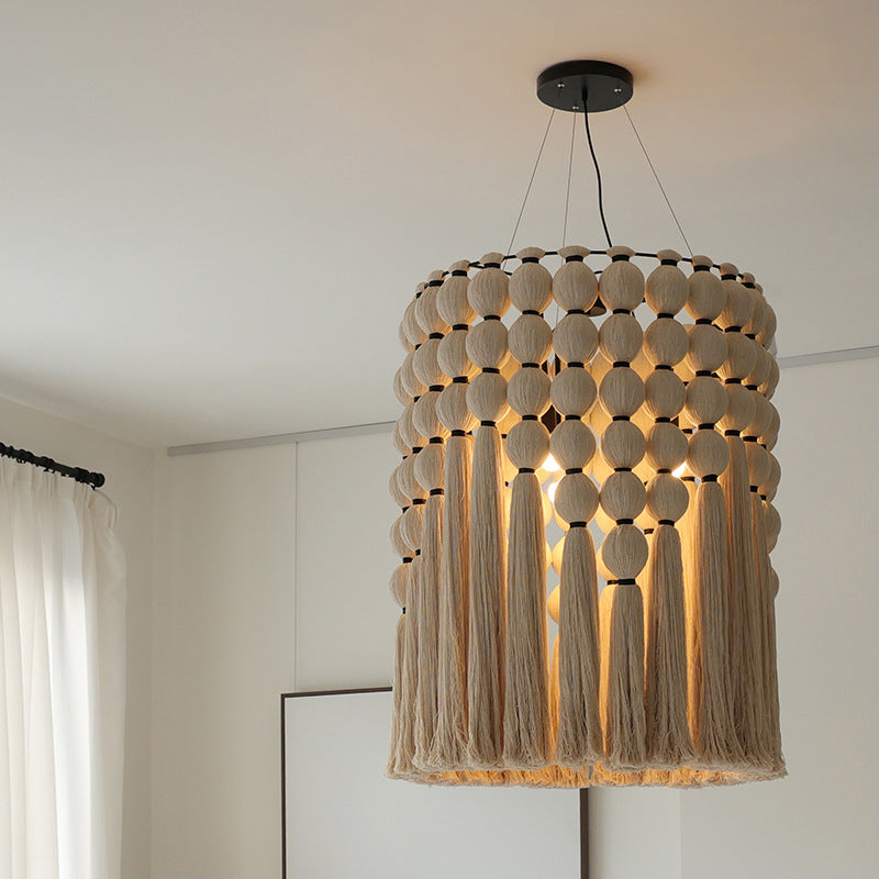 Contemporary Boho Alloy &amp; Cotton Round Tassel 3-Light Chandelier For Bedroom, Living Room &amp; Dining Room