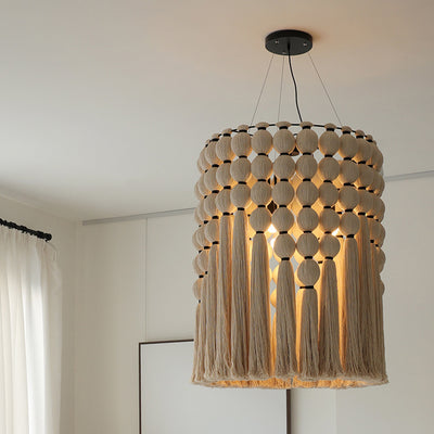 Contemporary Boho Alloy & Cotton Round Tassel 3-Light Chandelier For Bedroom, Living Room & Dining Room