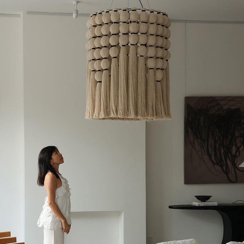 Contemporary Boho Alloy &amp; Cotton Round Tassel 3-Light Chandelier For Bedroom, Living Room &amp; Dining Room