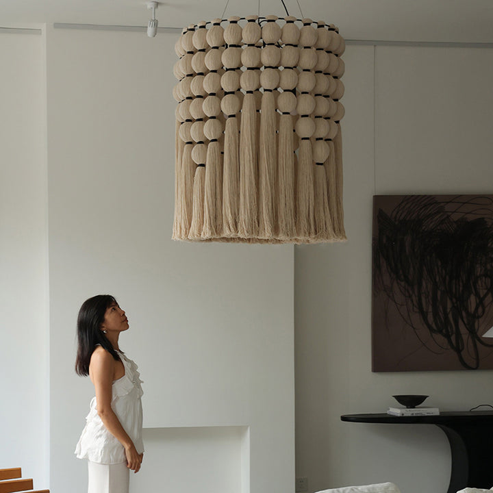 Contemporary Boho Alloy &amp; Cotton Round Tassel 3-Light Chandelier For Bedroom, Living Room &amp; Dining Room