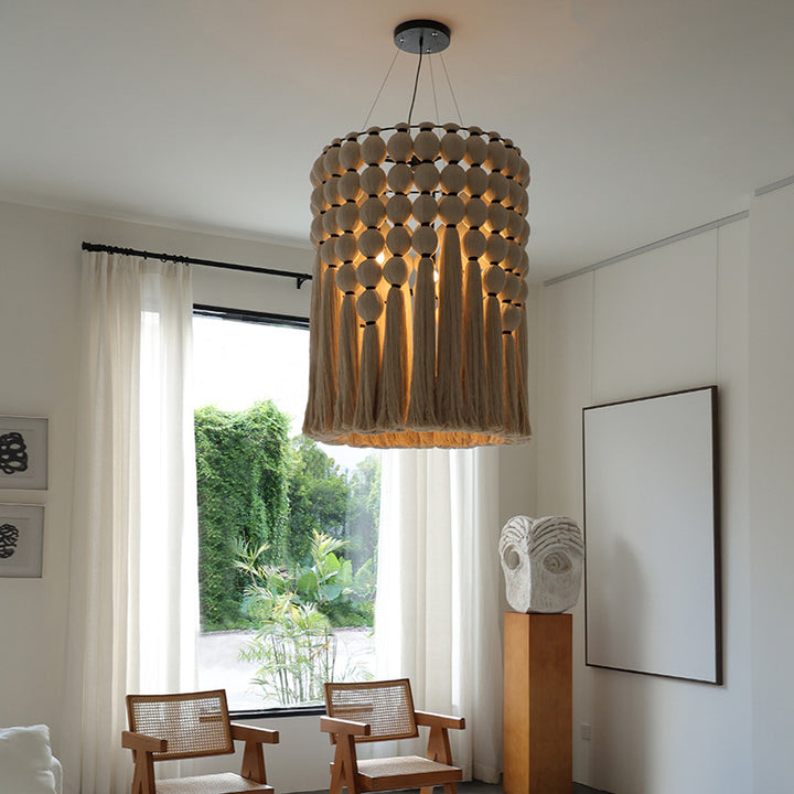 Contemporary Boho Alloy &amp; Cotton Round Tassel 3-Light Chandelier For Bedroom, Living Room &amp; Dining Room