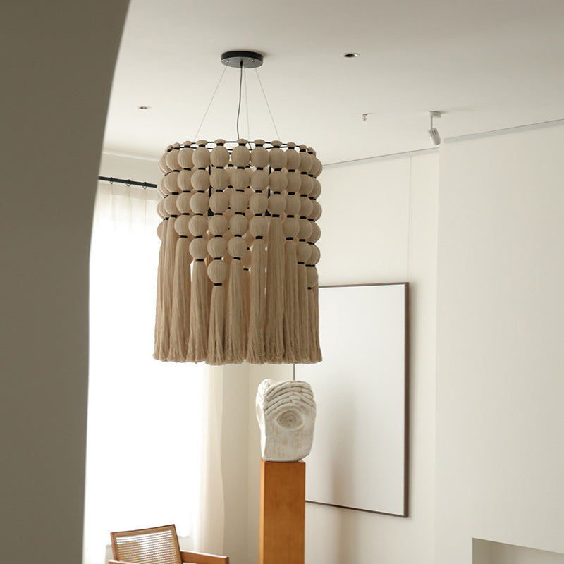 Contemporary Boho Alloy &amp; Cotton Round Tassel 3-Light Chandelier For Bedroom, Living Room &amp; Dining Room