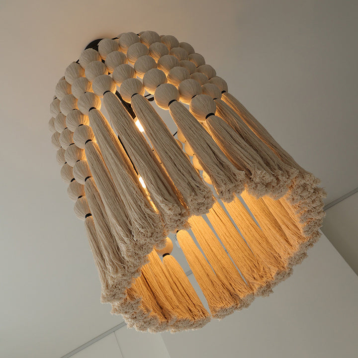 Contemporary Boho Alloy &amp; Cotton Round Tassel 3-Light Chandelier For Bedroom, Living Room &amp; Dining Room