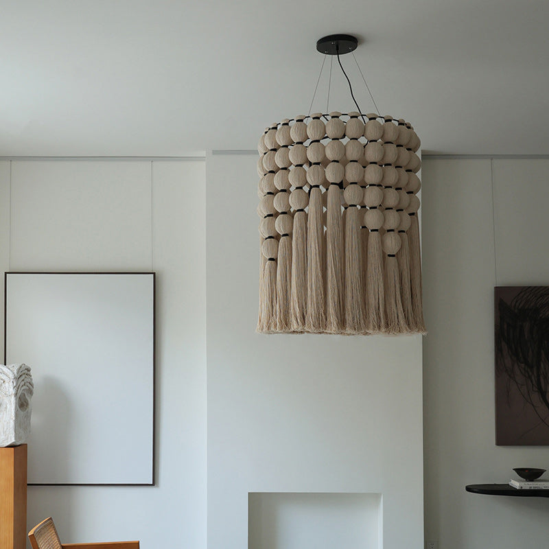 Contemporary Boho Alloy &amp; Cotton Round Tassel 3-Light Chandelier For Bedroom, Living Room &amp; Dining Room