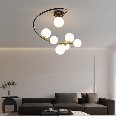 Lustre semi-encastré contemporain nordique en fer et verre courbé rond 4/5/7 lumières pour chambre et salon 