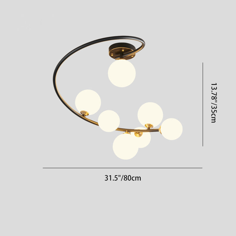 Lustre semi-encastré contemporain nordique en fer et verre courbé rond 4/5/7 lumières pour chambre et salon 