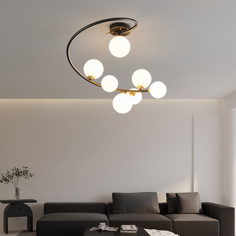 Lustre semi-encastré contemporain nordique en fer et verre courbé rond 4/5/7 lumières pour chambre et salon 