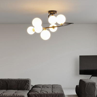 Lustre semi-encastré contemporain nordique en fer et verre courbé rond 4/5/7 lumières pour chambre et salon 