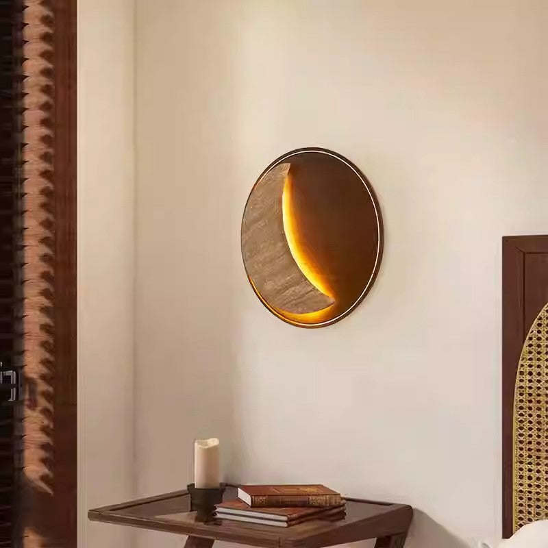 Lámpara de Aplique de Pared LED Redonda en Forma de Luna de Metal, Piedra y Madera Tradicional Japonesa para Dormitorio y Sala de Estar 