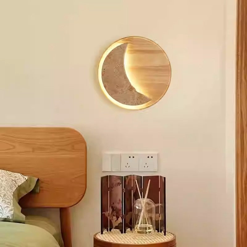Lámpara de Aplique de Pared LED Redonda en Forma de Luna de Metal, Piedra y Madera Tradicional Japonesa para Dormitorio y Sala de Estar 