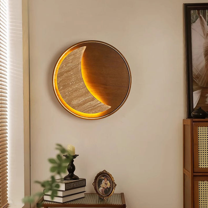 Lámpara de Aplique de Pared LED Redonda en Forma de Luna de Metal, Piedra y Madera Tradicional Japonesa para Dormitorio y Sala de Estar 