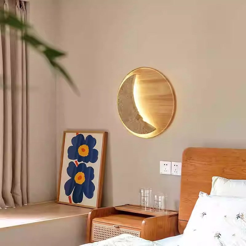 Lámpara de Aplique de Pared LED Redonda en Forma de Luna de Metal, Piedra y Madera Tradicional Japonesa para Dormitorio y Sala de Estar 