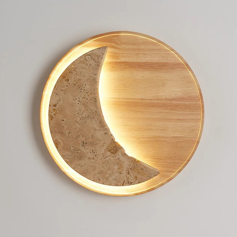 Lámpara de Aplique de Pared LED Redonda en Forma de Luna de Metal, Piedra y Madera Tradicional Japonesa para Dormitorio y Sala de Estar 