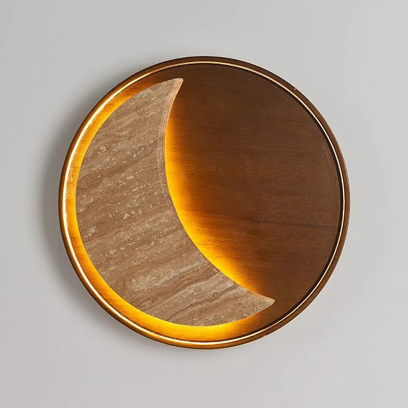 Lámpara de Aplique de Pared LED Redonda en Forma de Luna de Metal, Piedra y Madera Tradicional Japonesa para Dormitorio y Sala de Estar 