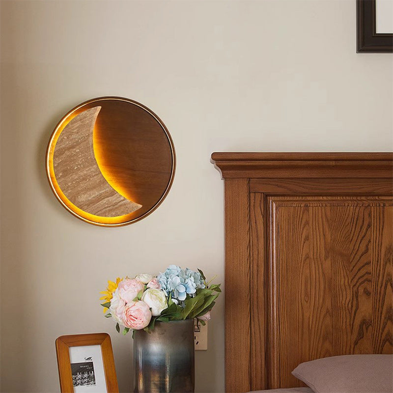 Lámpara de Aplique de Pared LED Redonda en Forma de Luna de Metal, Piedra y Madera Tradicional Japonesa para Dormitorio y Sala de Estar 