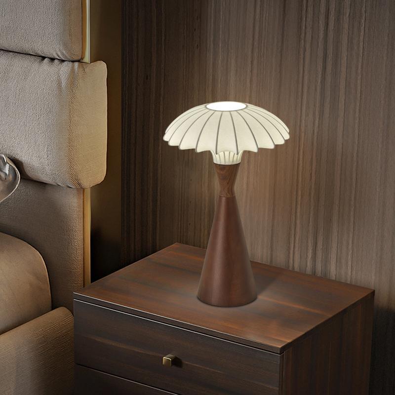 Traditional French Wood & Silk Cone-Shaped 1-Light Table Lamp For Bedroom & Living Room