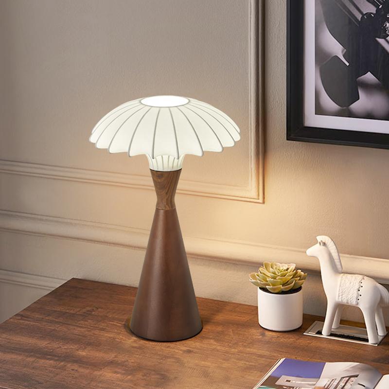 Traditional French Wood & Silk Cone-Shaped 1-Light Table Lamp For Bedroom & Living Room
