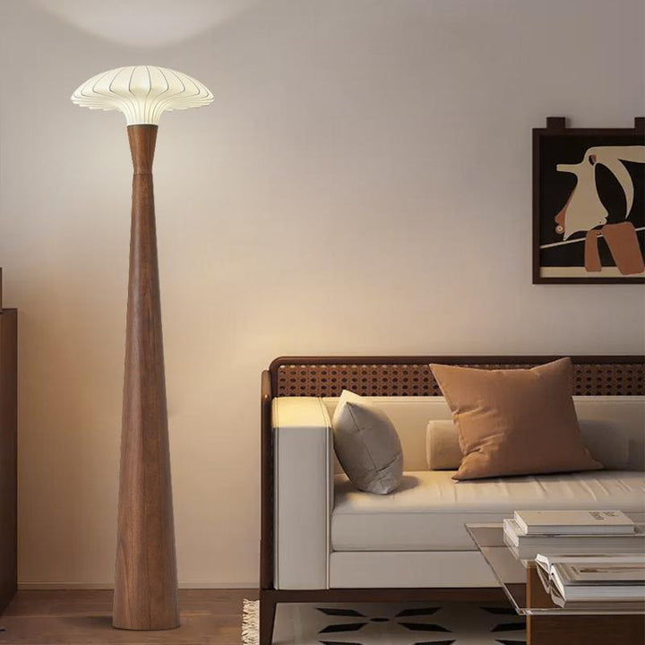Traditional French Rubberwood Faux Silk Dome Shade 1-Light Standing Floor Lamp For Bedroom & Living Room