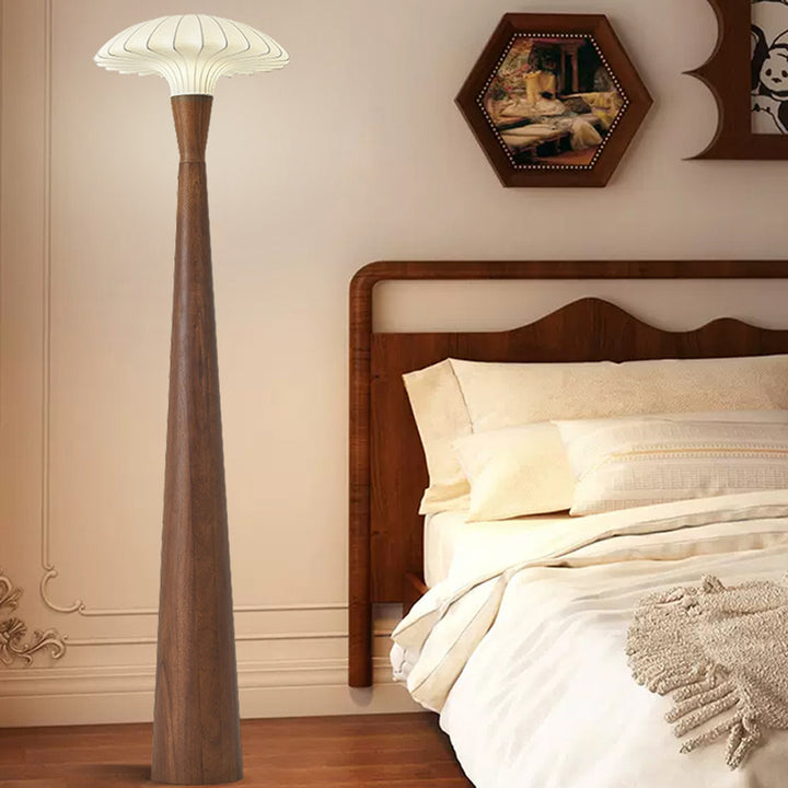 Traditional French Rubberwood Faux Silk Dome Shade 1-Light Standing Floor Lamp For Bedroom & Living Room