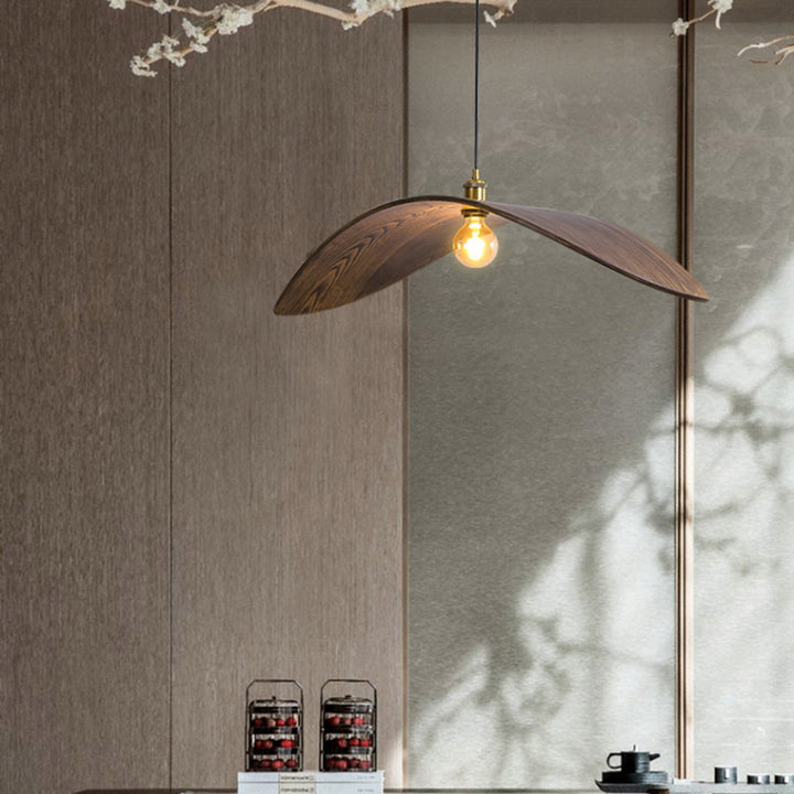 Traditional Japanese Wood Leaf-Shaped 1-Light Pendant Light For Dining Room, Bedroom & Living Room