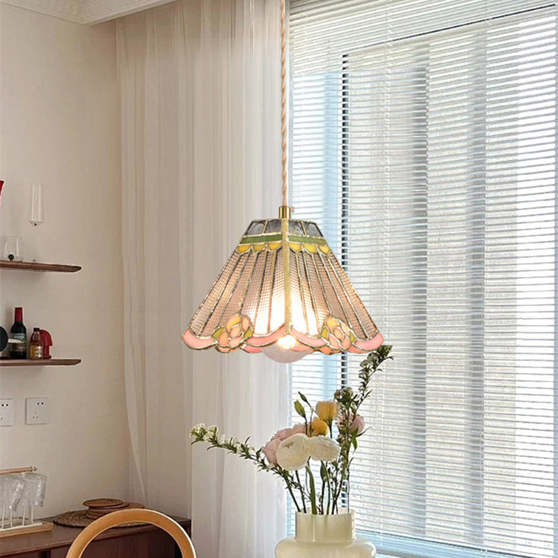 Lustre suspendu conique traditionnel vintage en fer et verre à 1 lumière pour chambre, salon et salle à manger 