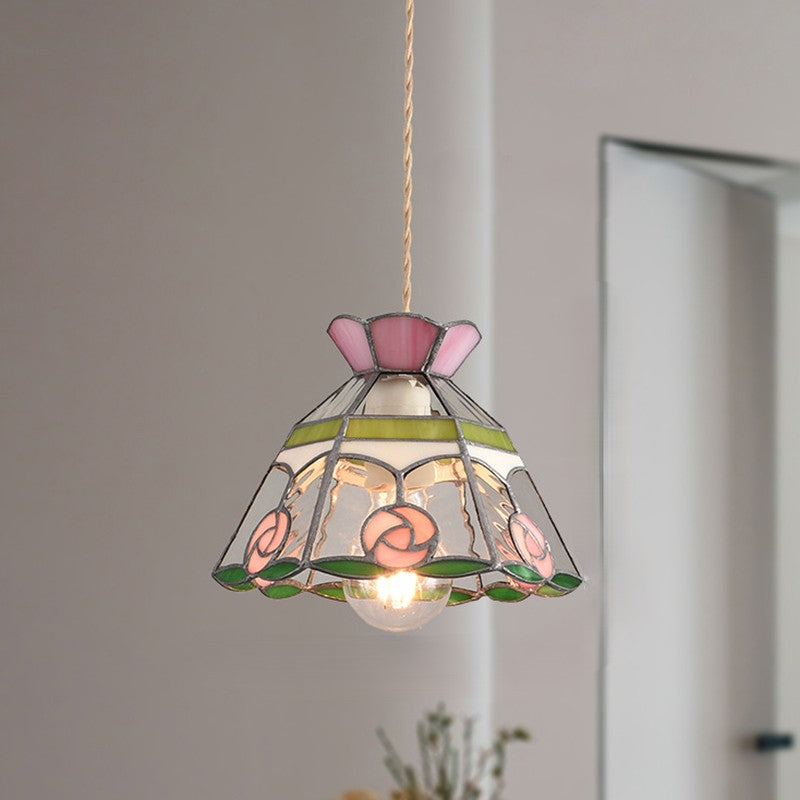 Lustre suspendu conique traditionnel vintage en fer et verre à 1 lumière pour chambre, salon et salle à manger 