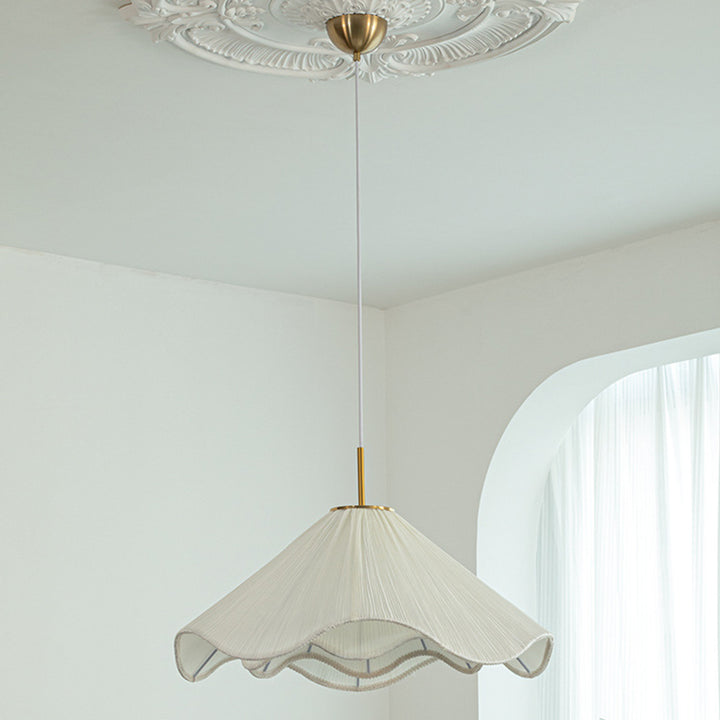Contemporary Nordic Fabric &amp; Iron Pleated Cone 1-Light Pendant Light For Bedroom, Living Room &amp; Dining Room