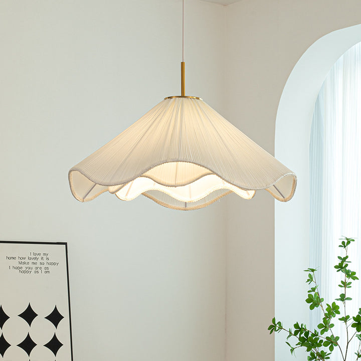 Contemporary Nordic Fabric &amp; Iron Pleated Cone 1-Light Pendant Light For Bedroom, Living Room &amp; Dining Room