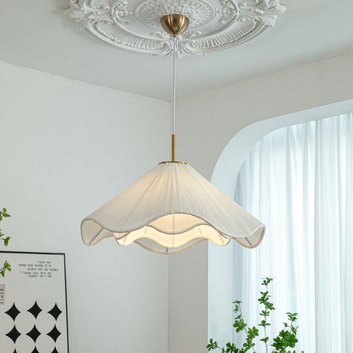 Contemporary Nordic Fabric &amp; Iron Pleated Cone 1-Light Pendant Light For Bedroom, Living Room &amp; Dining Room