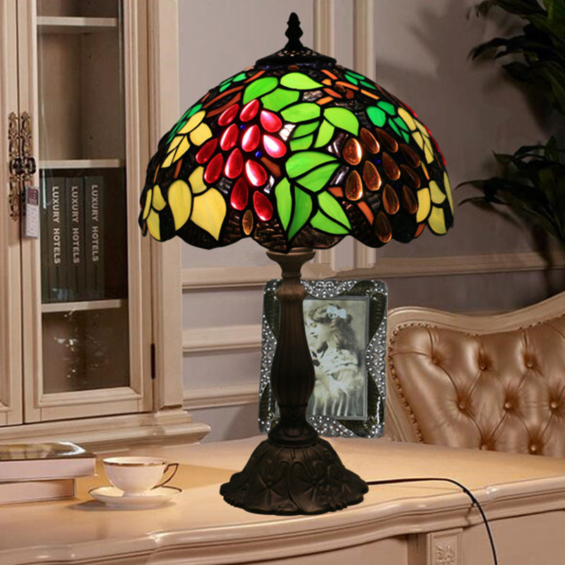 Traditional Tiffany Zinc Alloy &amp; Stained Glass Round 1-Light Table Lamp For Bedroom &amp; Living Room