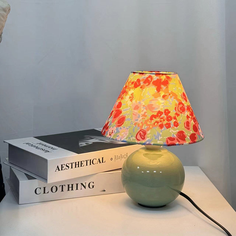Lámpara de mesa redonda de cerámica y tela de estilo Art Deco moderno de 1 luz para dormitorio y sala de estar 