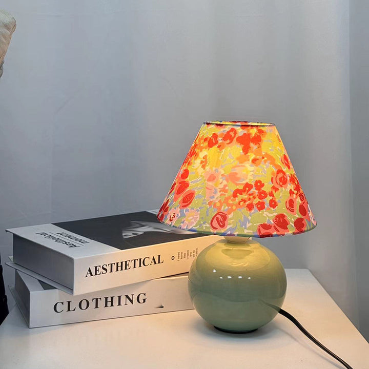 Lámpara de mesa redonda de cerámica y tela de estilo Art Deco moderno de 1 luz para dormitorio y sala de estar 