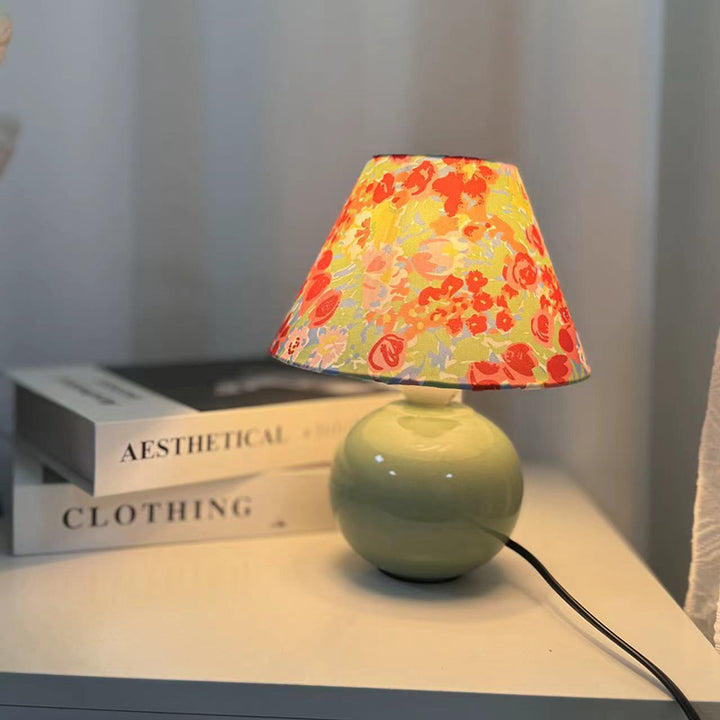 Lámpara de mesa redonda de cerámica y tela de estilo Art Deco moderno de 1 luz para dormitorio y sala de estar 