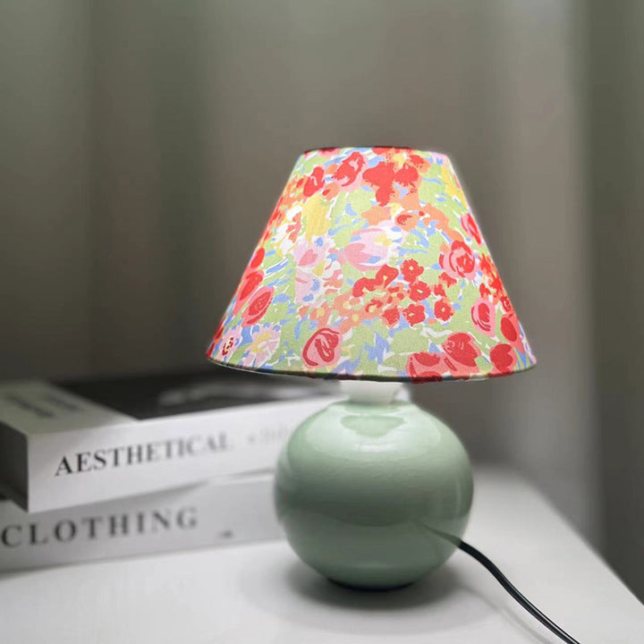 Lámpara de mesa redonda de cerámica y tela de estilo Art Deco moderno de 1 luz para dormitorio y sala de estar 
