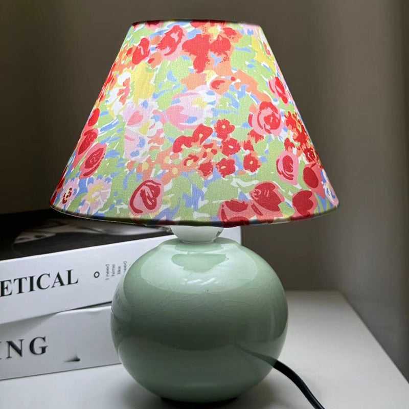 Lámpara de mesa redonda de cerámica y tela de estilo Art Deco moderno de 1 luz para dormitorio y sala de estar 